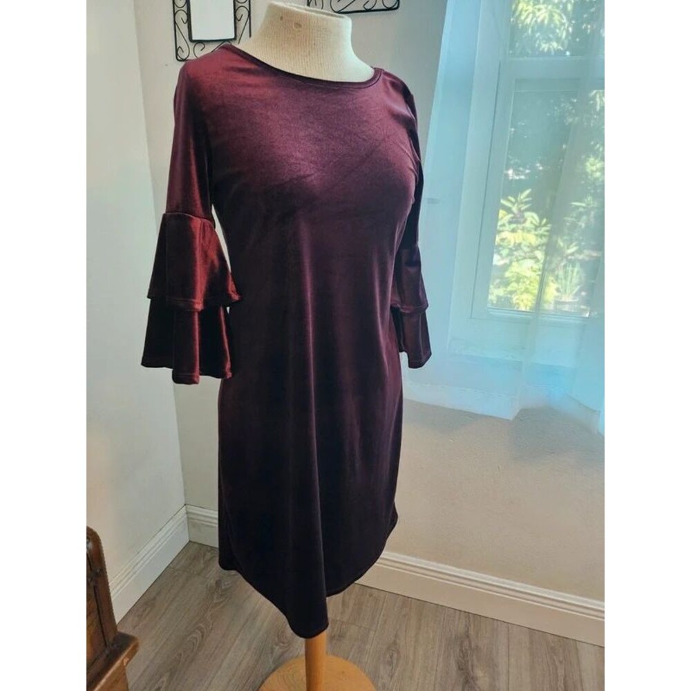 Burgundy Velor long flutter sleeve midi dress